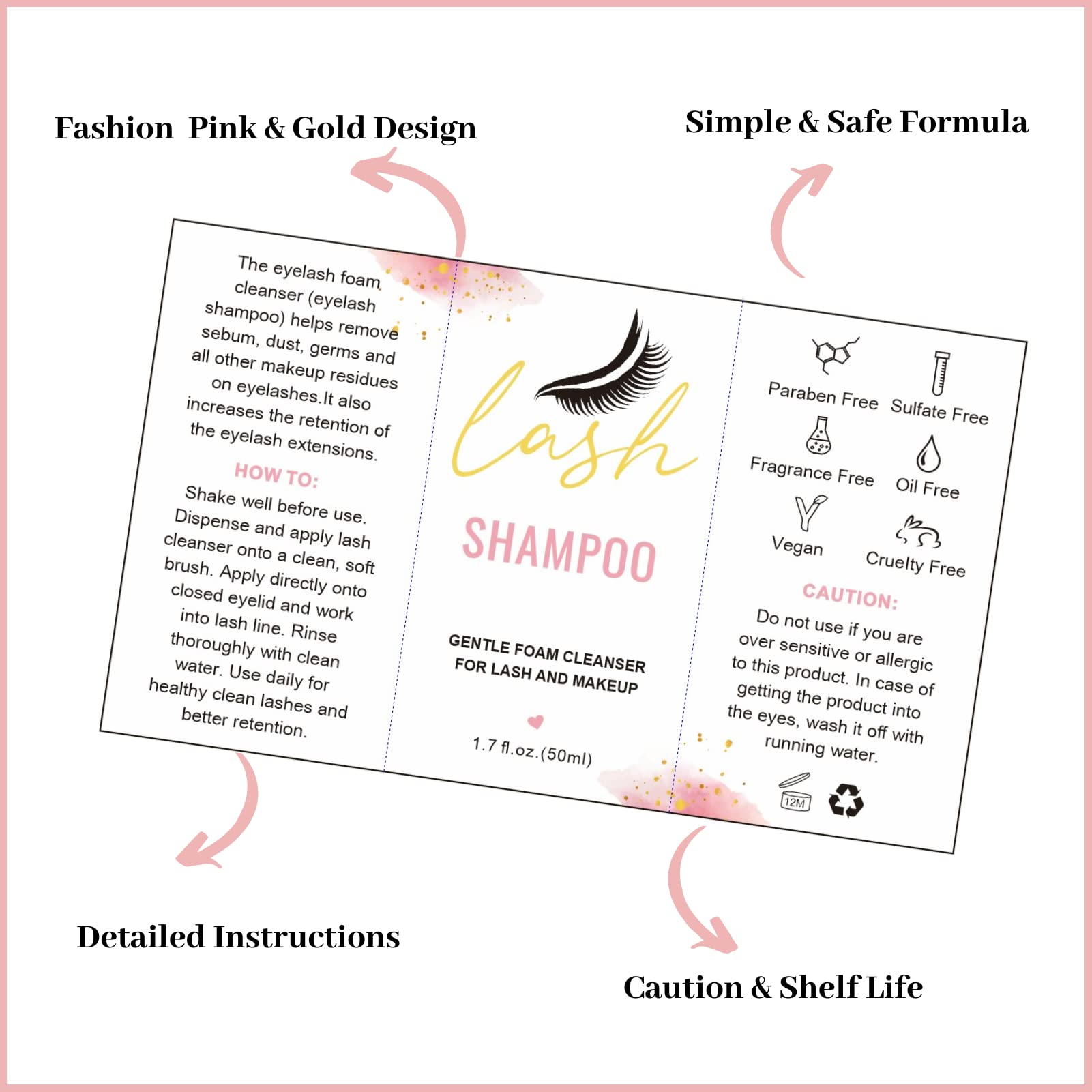 Lash Shampoo Label Stickers For Bottle 50Pcs Eyelash Extensions Bath Wash Labels For Foam Pump Dispenser (4 * 2.4    , White)